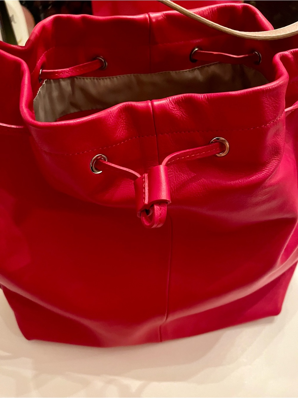 NICOLI Red Leather Drawstring Shoulder Bag with Tan Strap